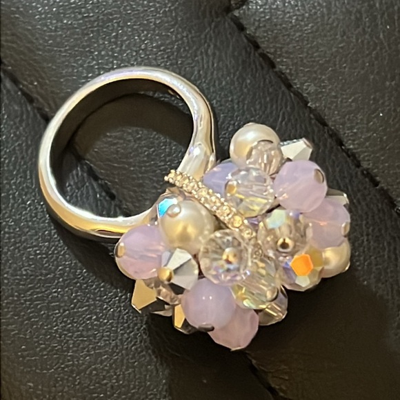 Vintage Swarovski Aura Borealis Crystal & Pearl Beaded Bow Ring - Picture 10 of 16